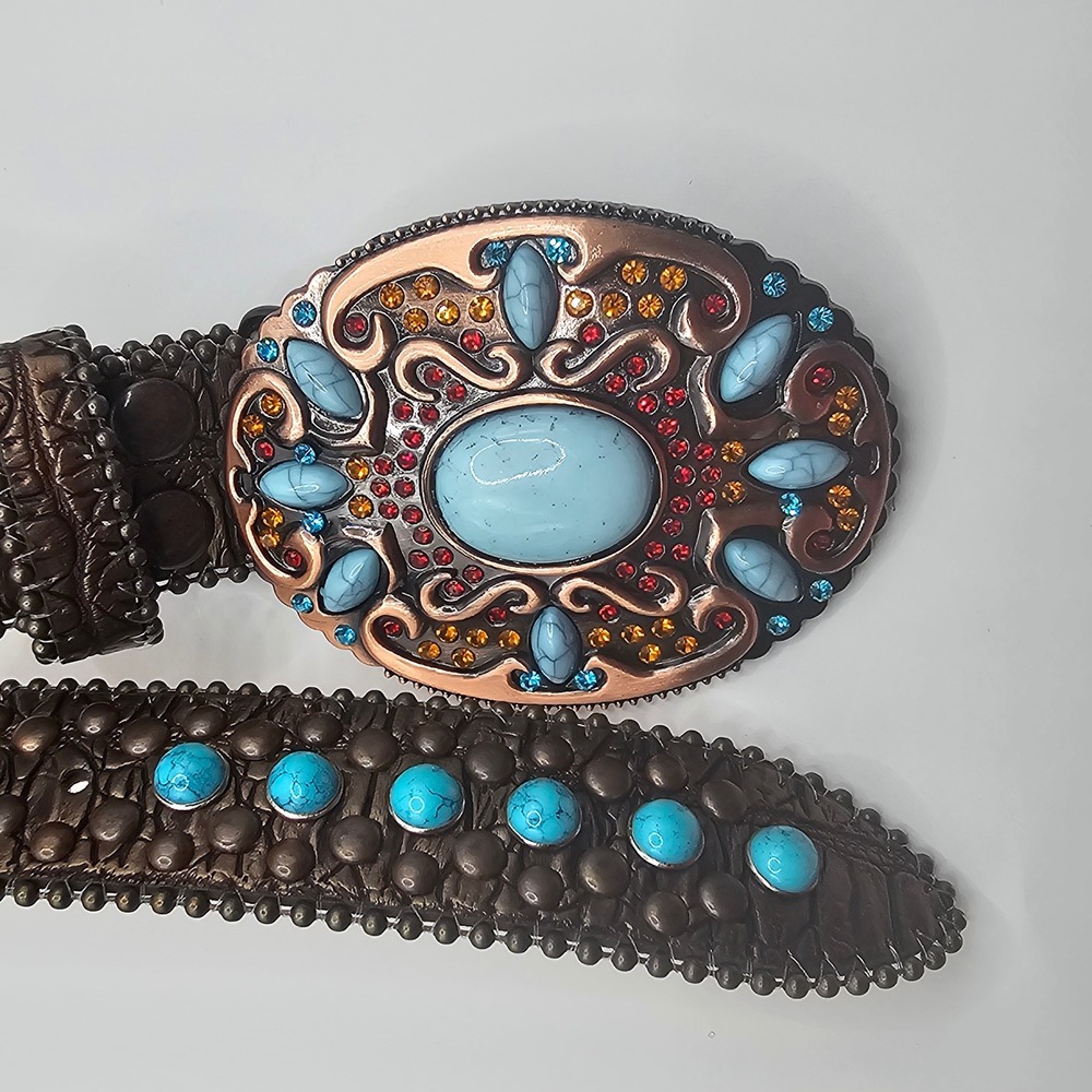 Western Bronze Leather Studded Turquoise Cabochon Buckle Belt 40 6138